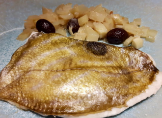 Baked St Peter's fish with olives and fennel