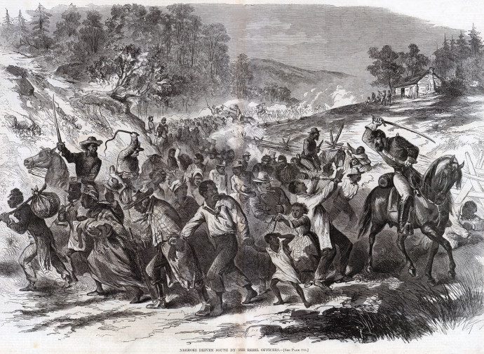 Fugitive slaves escorted back in the Confederate South