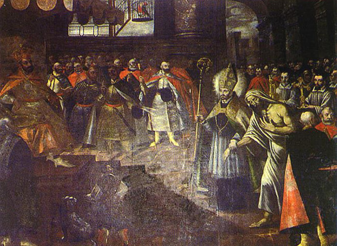Saint Stanislaus leads Piotr before the royal tribunal